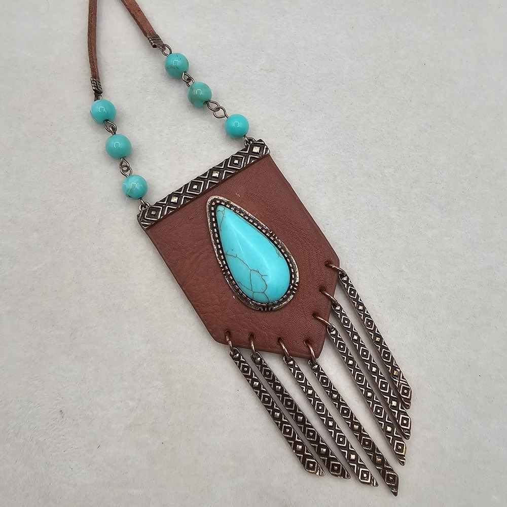 Brown Leather Blue Stone Pendant Necklace Metal Fringe Boho Tribal Southwest - Picture 1 of 13